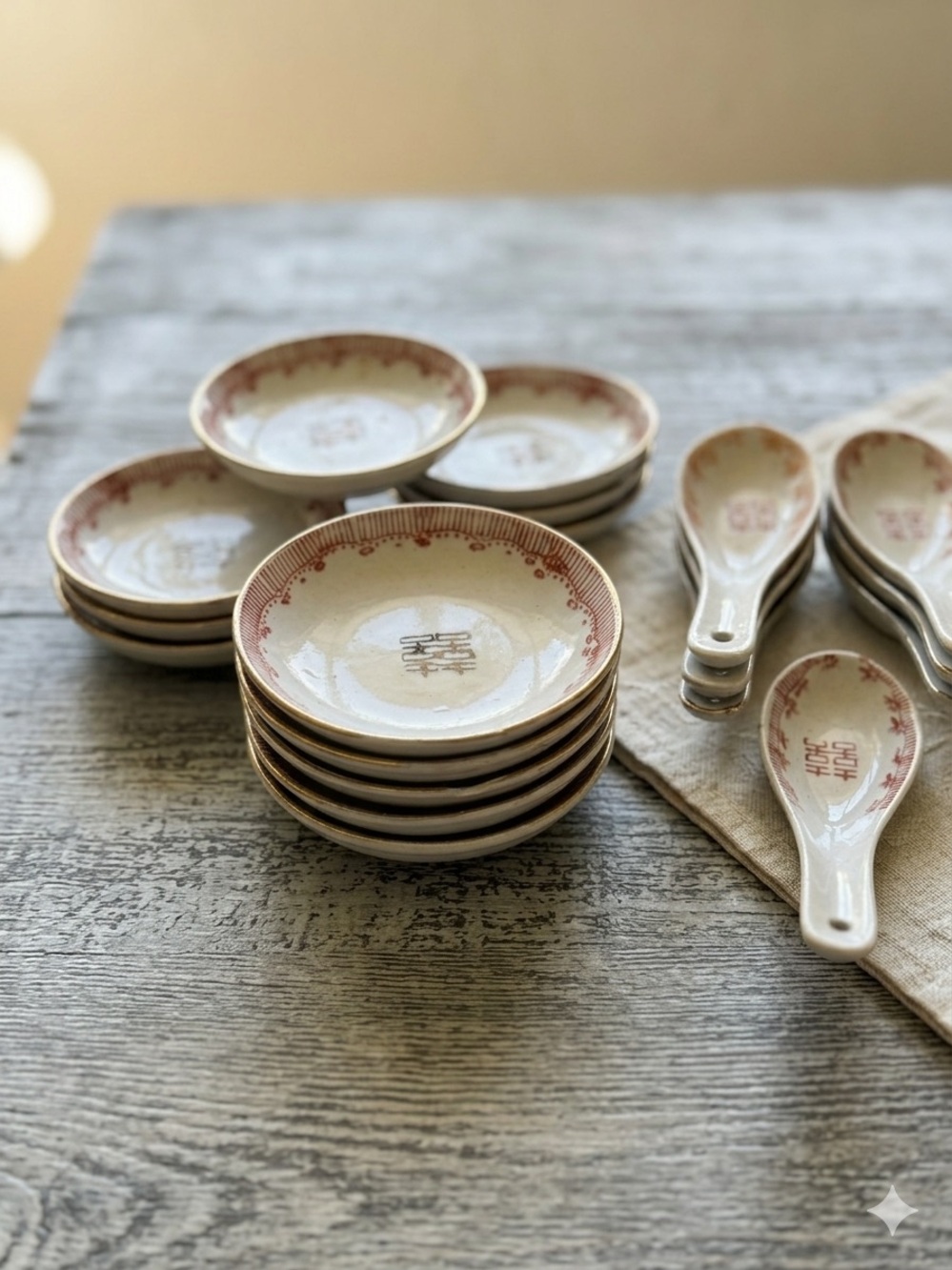 18Pc Vintage Double Happiness Porcelain Set: 11 Sauce Dishes, 7 Dumpling Spoons.